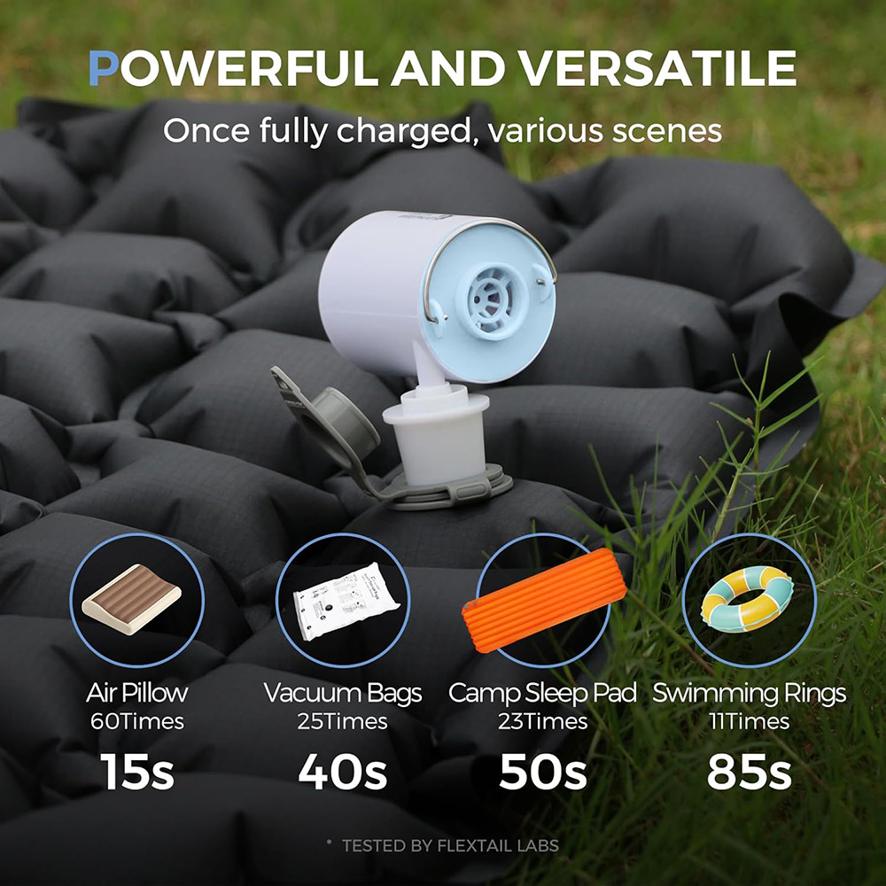 Outdoor Inflatable Camping Tent With Air Pump - FLEXTAIL ปั๊มลมแบบพกพา, ปั๊มตั้งแคมป์ขนาดเล็กพร้อมไฟ, การชาร์จ USB-C, เหมาะสำหรับเบาะรองนอน,