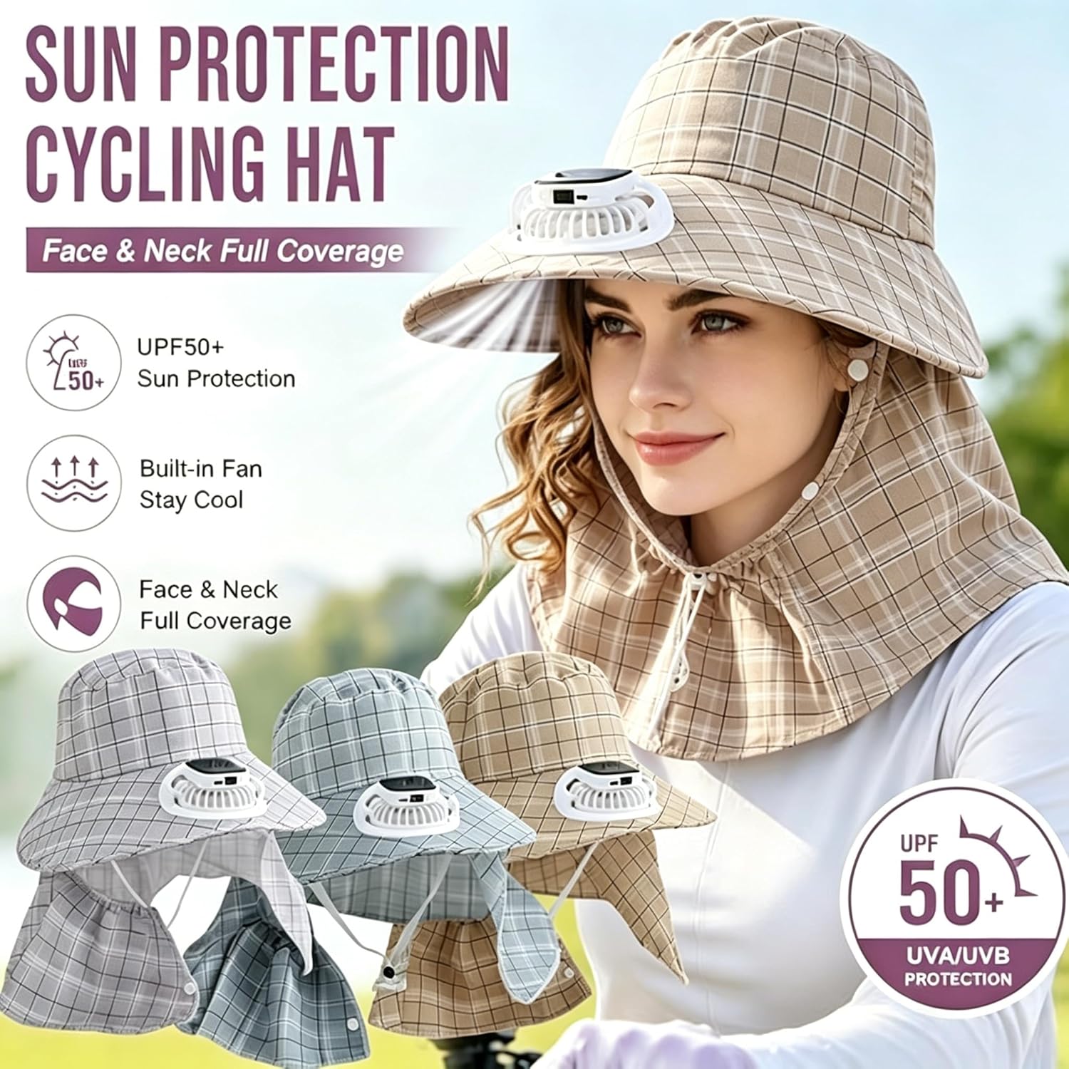 Outdoor Camping Fans - หมวกพัดลมพลังงานแสงอาทิตย์ 1 ชิ้น ชาร์จผ่าน USB สำหรับฤดูร้อน