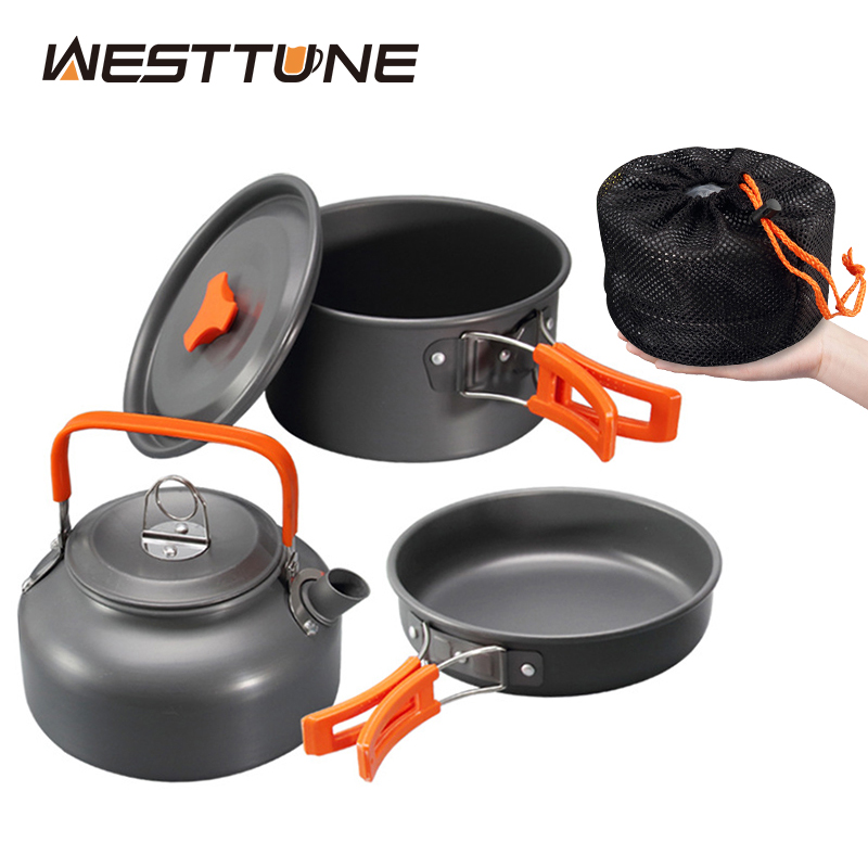 Outdoor Camping Outfit - WESTTUNE ชุดเครื่องครัวตั้งแคมป์อลูมิเนียมกลางแจ้งแบบพกพาชุดทําอาหารหม้อกาต้มน้ําสําหรับตั้งแคมป์บนโต๊ะอาหารเดินป่าปิคนิค 3 ชิ้น