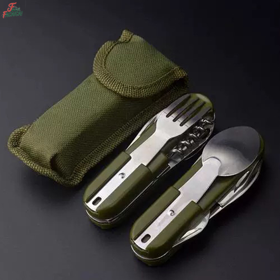 Camping Quiet - ชุดอุปกรณ์แคมป์ปิ้ง 5-in-1 สแตนเลสสตีล ชุดเดินทาง อุปกรณ์พับได้อเนกประสงค์สำหรับกิจกรรมกลางแจ้ง
