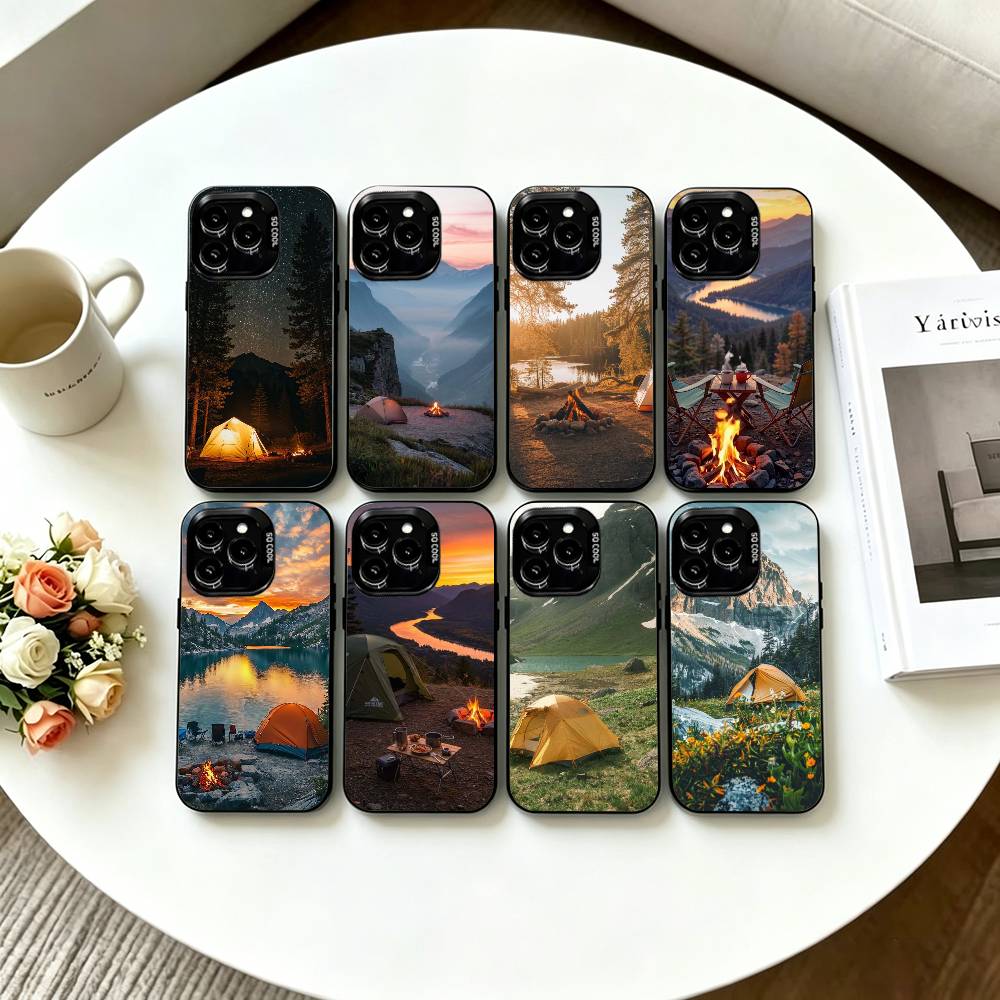 Outdoor Camping Anime - เคสโทรศัพท์ลายธรรมชาติภูเขาสำหรับ iPhone 17,16,15,14,13,12,11 Plus,Pro Max,XS, เคสโทรศัพท์สีเงินหลากสี